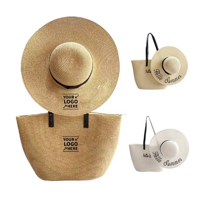 Handcrafted Beach Straw Hat And Tote Bag Set