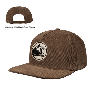 5 Panel Structured Corduroy Snapback Cap W/ Flat Bill