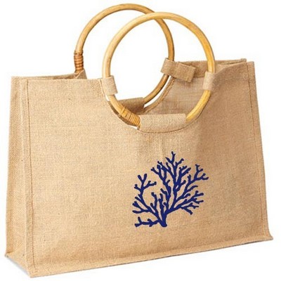 Eco-Friendly Reusable Jute Burlap Shopping Tote with Round Cane Handles
