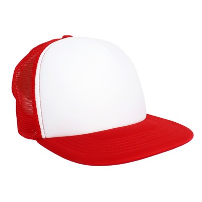 White 5-Panel Poly Foam Mesh Trucker Cap w/Flat Bill (2-Tone)