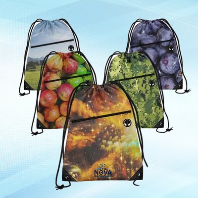 RPET Recycled 210D Polyester Drawstring Backpack with Sublimation Zip Pocket and Earphone Outlet